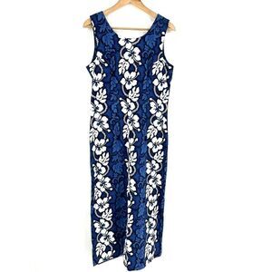 KYs Dress Size XL Womens Blue White Maxi Sleeveless Tank Hawaiian Floral Print